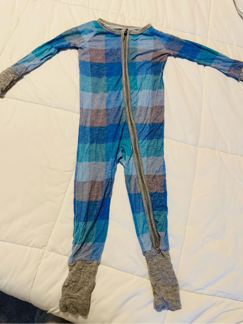 Little Sleepies Blue & Gray Plaid Kids One-Piece Zipper Pajama
